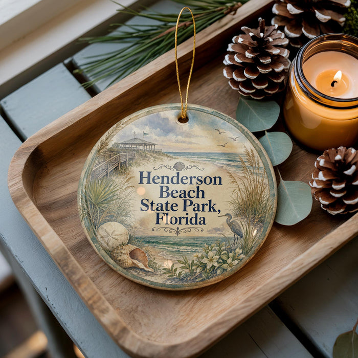 A round ornament with a beach scene and the text "Henderson Beach State Park, Florida" is displayed on a wooden tray, accompanied by pine cones and a lit candle.
