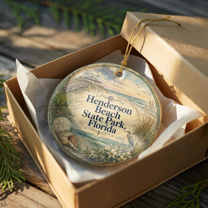 A round ornament in a box, featuring a beach scene with a pier and palm trees, along with the text "Henderson Beach State Park, Florida".
