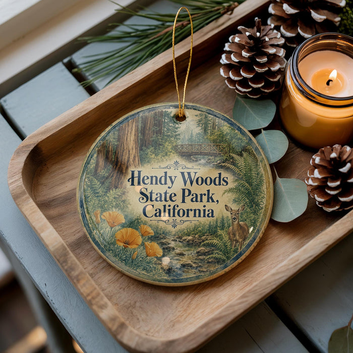 A wooden tray with a decorative ornament featuring a scenic image of Hendy Woods State Park, California, and pine cones.