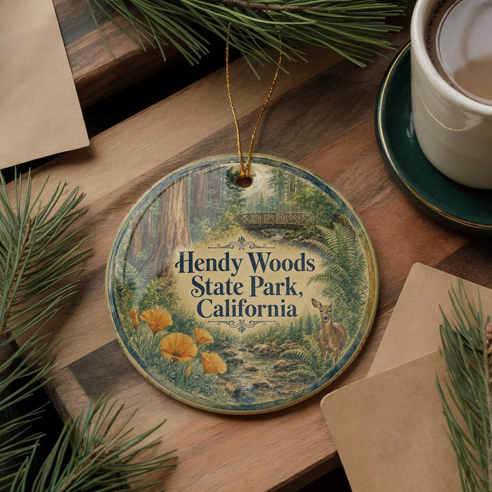 A round ornament with a forest scene and text, hanging on a wooden surface next to a cup of coffee and some pine branches.