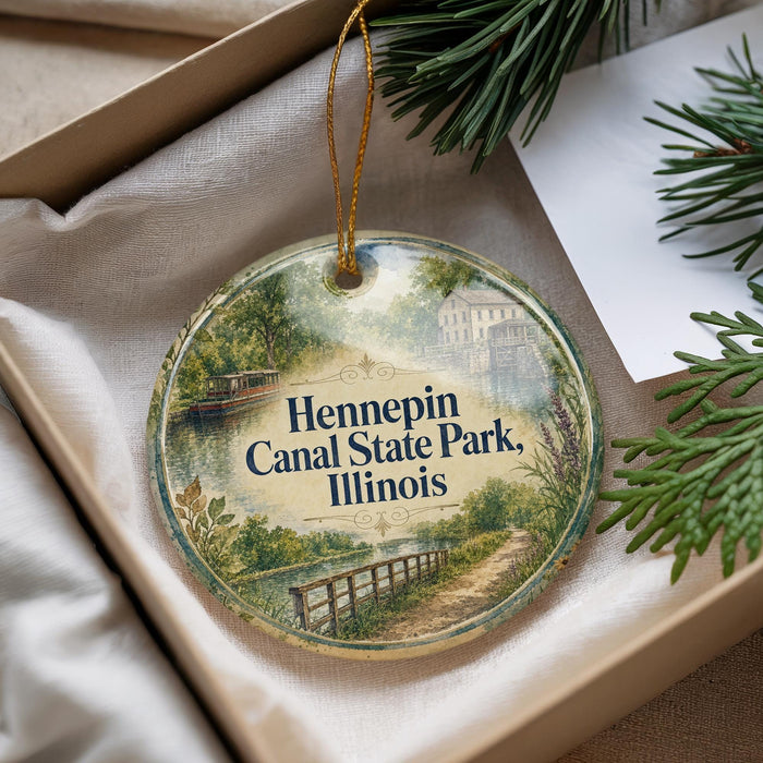 A decorative ornament with a scenic image of Hennepin Canal State Park, Illinois, hanging from a string.