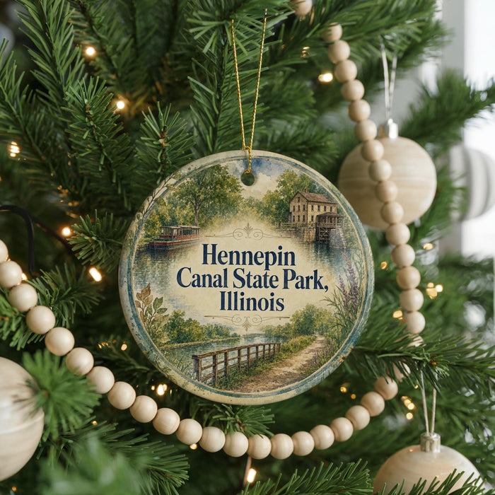 A round ornament hanging on a Christmas tree, featuring a scenic image of Hennepin Canal State Park, Illinois.