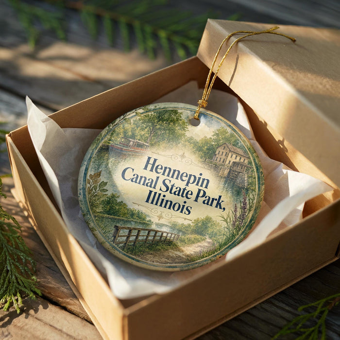 A round ornament in a brown box, featuring a scenic image of Hennepin Canal State Park, Illinois.