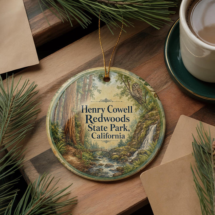 A round ornament with a painting of a forest scene hangs on a wooden surface, accompanied by a cup of coffee and some pine branches.