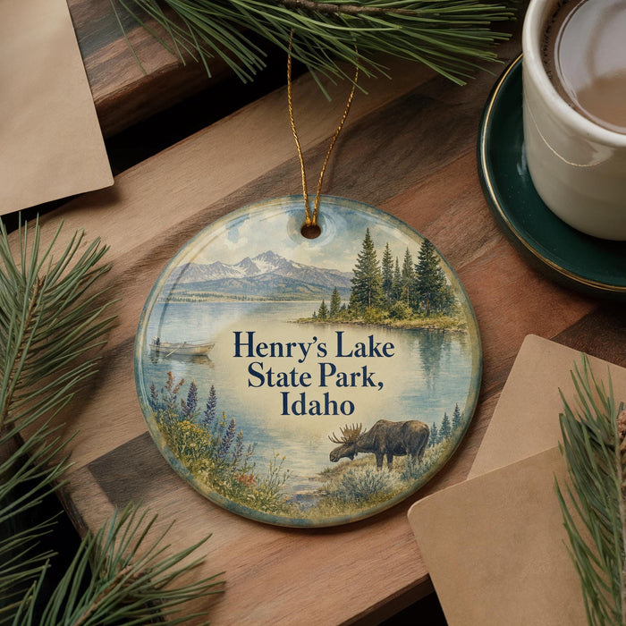A decorative ornament featuring a moose and a scenic landscape, with the text "Henry's Lake State Park, Idaho" printed on it. The ornament is placed on a wooden surface, surrounded by pine branches and a cup of coffee.