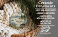 Ceramic ornaments, featuring a landscape of Henry's Lake State Park, Idaho, with a moose and pine trees. The ornaments are described as cozy, high-quality prints, vibrant, and long-lasting, and are shipped fast in holiday packaging. They are not to be peeled or faded over time.