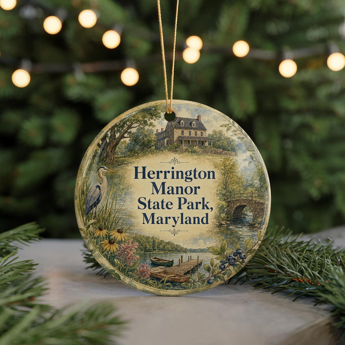 A decorative ornament with a house and trees, featuring the text "Herrington Manor State Park, Maryland" on it, is displayed in front of a blurred Christmas tree.