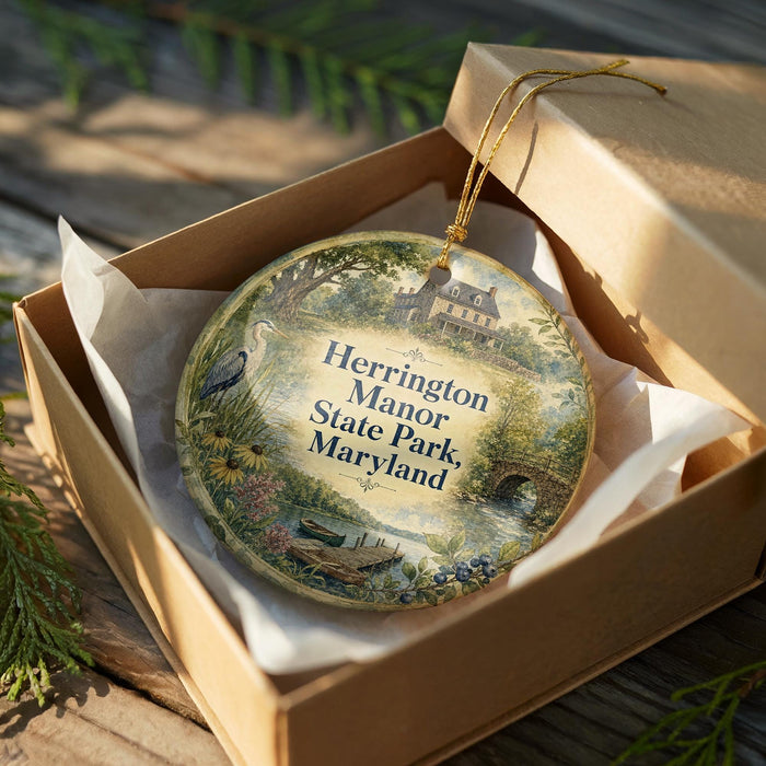 A decorative ornament in a wooden box, featuring a scenic landscape with a house and trees, and the text "Herrington Manor State Park, Maryland" on the ornament.
