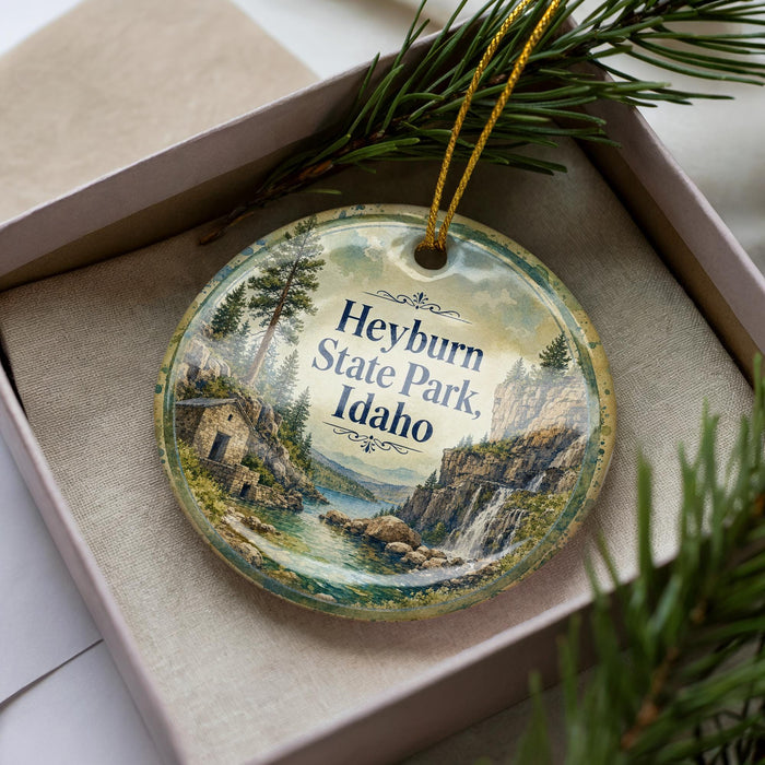 A decorative ornament with a scenic landscape of a mountain and river, featuring the text "Heyburn State Park, Idaho" on it.