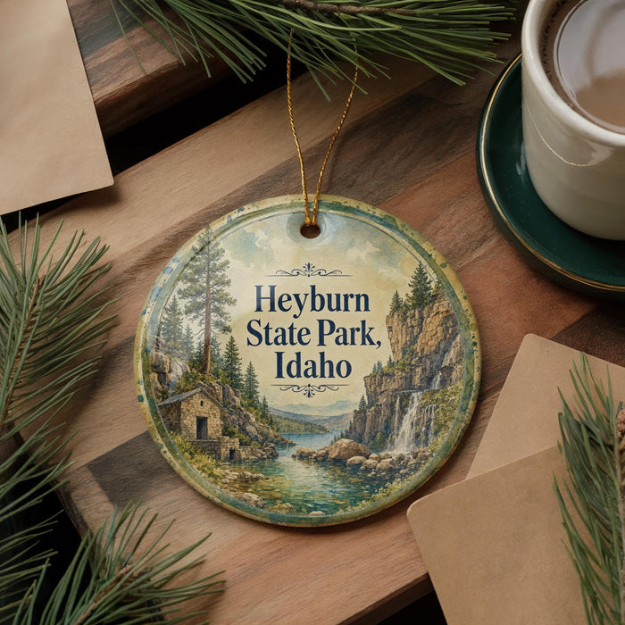 A round ornament with a scenic image of Heyburn State Park, Idaho, hanging on a wooden surface.