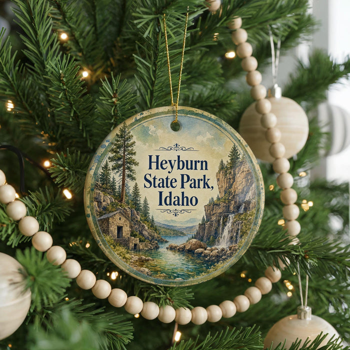 A round ornament hanging on a Christmas tree, featuring a scenic landscape with a waterfall and pine trees.