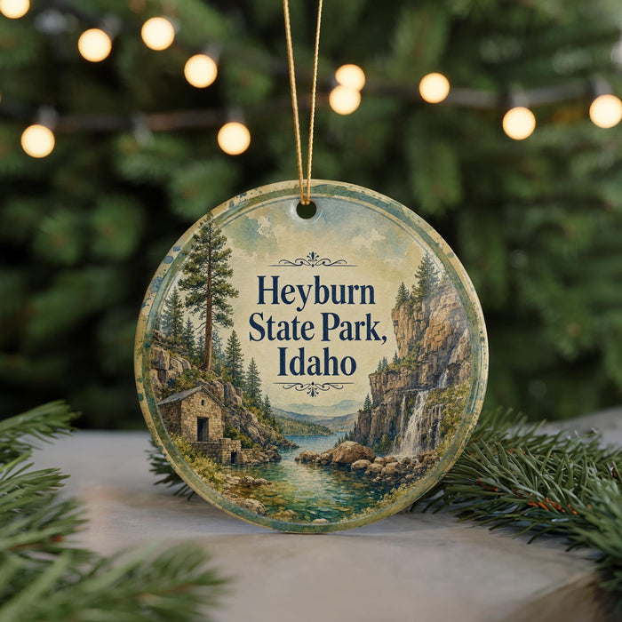A round ornament with a scenic image of a mountain landscape, featuring a waterfall and pine trees, hangs in front of a blurred background with Christmas lights.