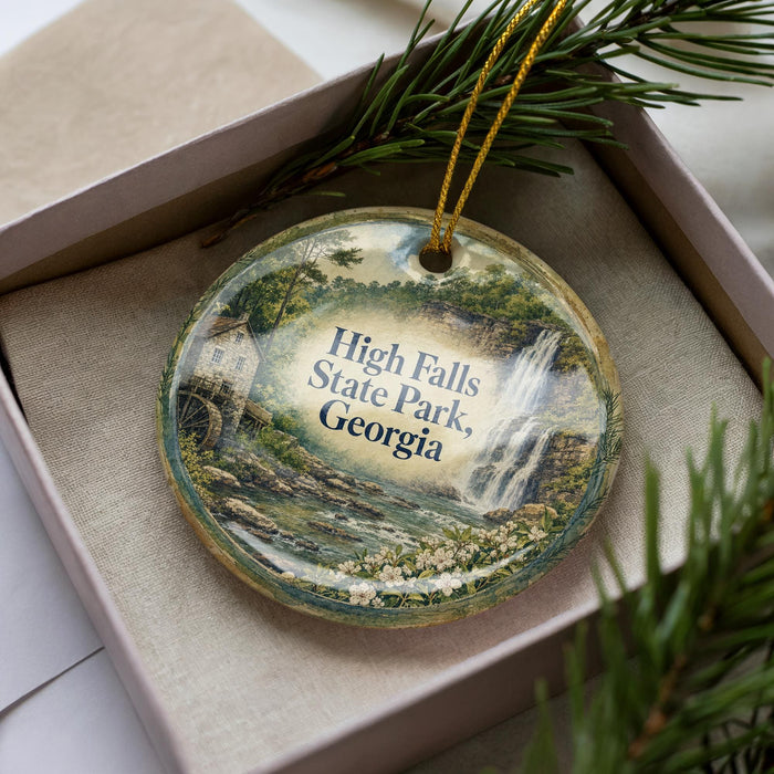 A decorative ornament with a scenic image of High Falls State Park, Georgia, displayed in a box with pine branches.
