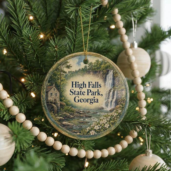 A round ornament hanging on a Christmas tree, featuring a scenic image of High Falls State Park in Georgia.