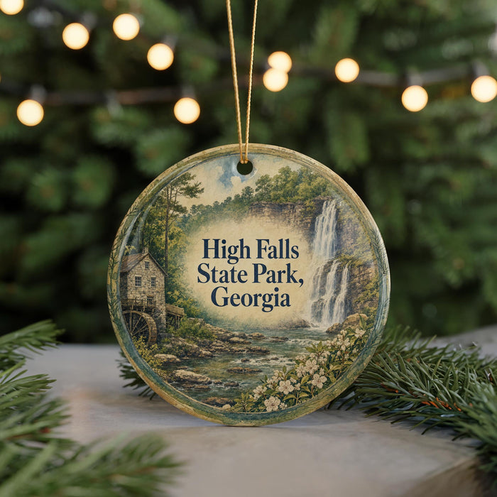 A round ornament with a painting of a waterfall and a house, surrounded by greenery, is displayed in front of a blurred background with Christmas lights.