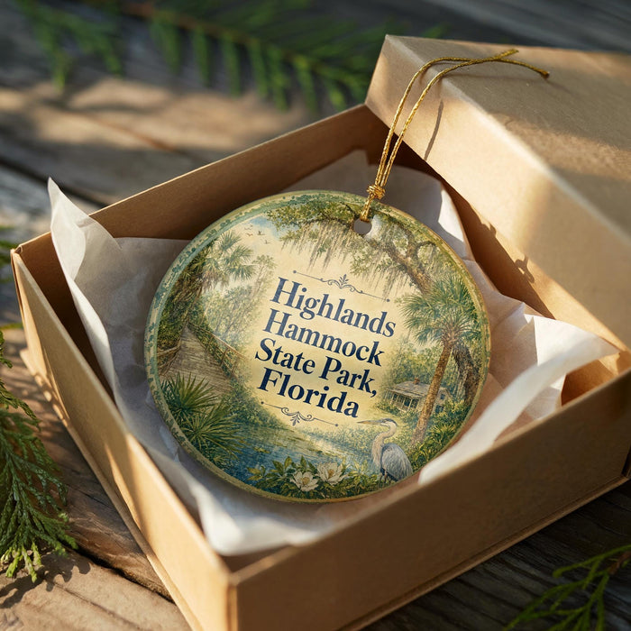 A decorative ornament in a brown box, featuring a lush, tropical scene with palm trees and other greenery, along with the text "Highlands Hammock State Park, Florida".