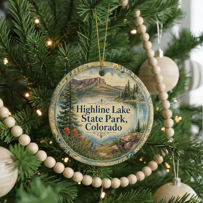 A Christmas tree decorated with ornaments, including a circular ornament with a scenic landscape of Highline Lake State Park, Colorado.