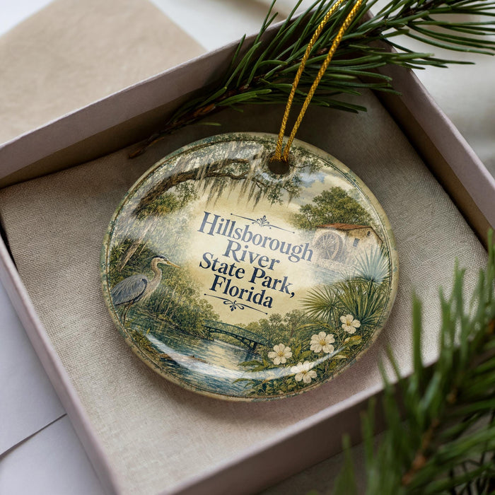 A decorative ornament in a box, featuring a scenic image of Hillsborough River State Park, Florida.