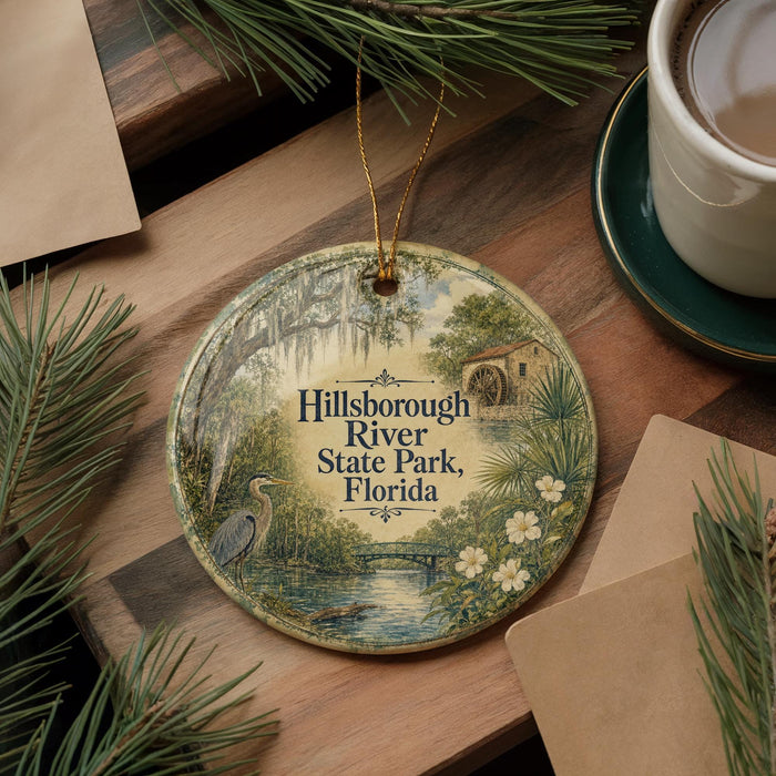 A decorative ornament featuring a serene scene of Hillsborough River State Park, Florida, surrounded by greenery and a bird.