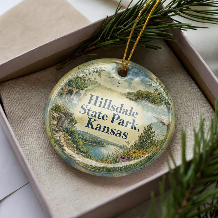 A decorative ornament in a box, featuring a scenic landscape with a river, trees, and mountains.