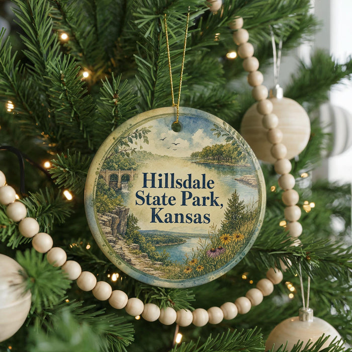 A round ornament hanging on a Christmas tree, featuring a scenic landscape with a lake and mountains.