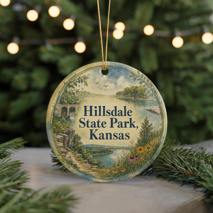 A decorative ornament with a scenic landscape of hills, trees, and a river, featuring the text "Hillsdale State Park, Kansas" prominently displayed.