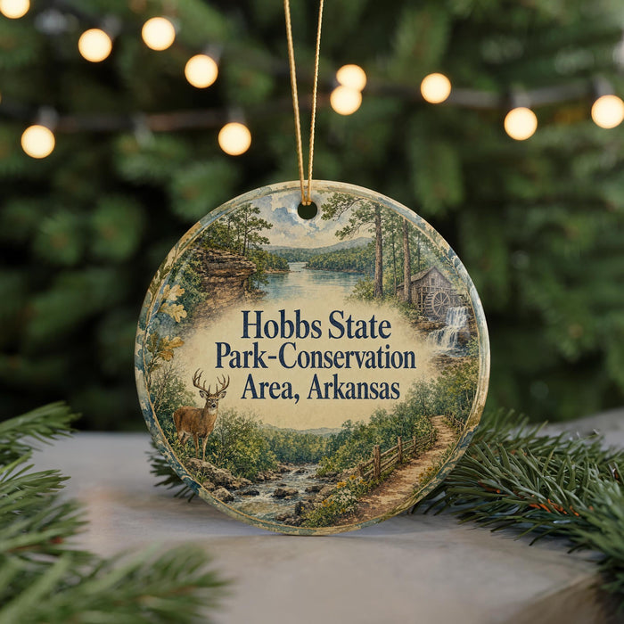 A round ornament with a scenic landscape featuring a river, forest, and a cabin, hanging in front of a Christmas tree with lights.