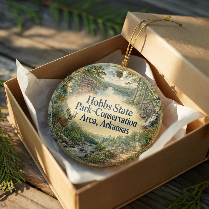 A round ornament in a box, featuring a scenic landscape with a river, trees, and a cabin, with the text "Hobbs State Park-Conservation Area, Arkansas" printed on it.