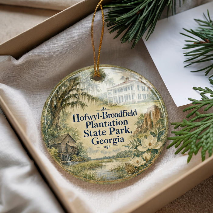 A decorative ornament with a painting of a house and trees, hanging from a string, placed inside a box with pine branches.