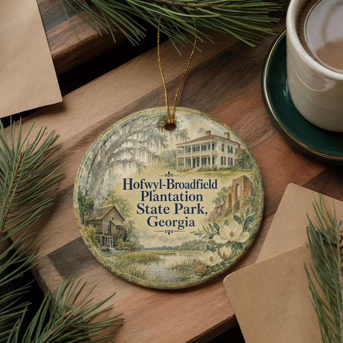 A round ornament with a painting of a plantation house and a river, surrounded by pine branches and a cup of coffee on a wooden surface.