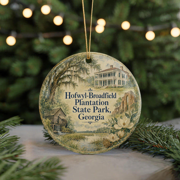 A circular ornament with a painting of a house and trees, surrounded by greenery, hangs in front of a blurred background with twinkling lights.