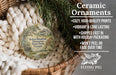 Ceramic ornaments, featuring a detailed image of a plantation house, are displayed in a basket. The text highlights the ornaments as "Ceramic Ornaments" and provides information about their features, such as being "Cozy, High-quality Prints", "Vibrant & Long Lasting", "Shipped Fast in with Holiday Packaging", and " Won't Peel or Fade Over Time".