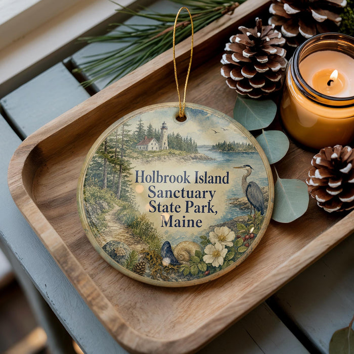 A wooden tray displaying a decorative ornament with a scenic image of Holbrook Island, Maine, featuring a lighthouse, pine trees, and a bird.
