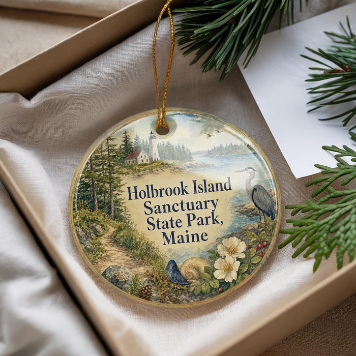 A round ornament with a lighthouse and a bird, hanging from a string, placed inside a box with pine branches and a white card.