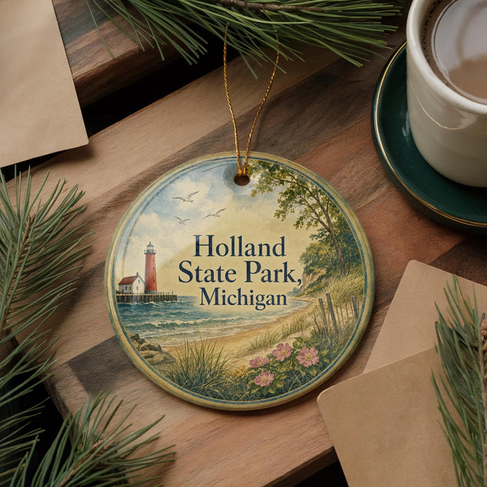 A round ornament with a lighthouse and a beach scene, surrounded by pine branches and a cup of coffee on a wooden surface.