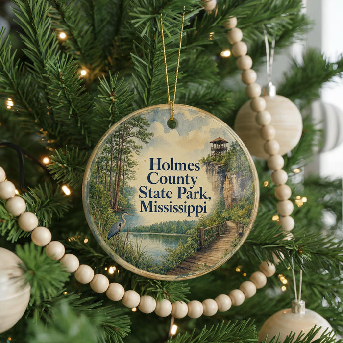 A round ornament hanging on a Christmas tree, featuring a scenic image of a park with a lake and a bird.