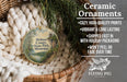 a ceramic ornament hanging from a wicker basket, with a description of the ornament and its features.