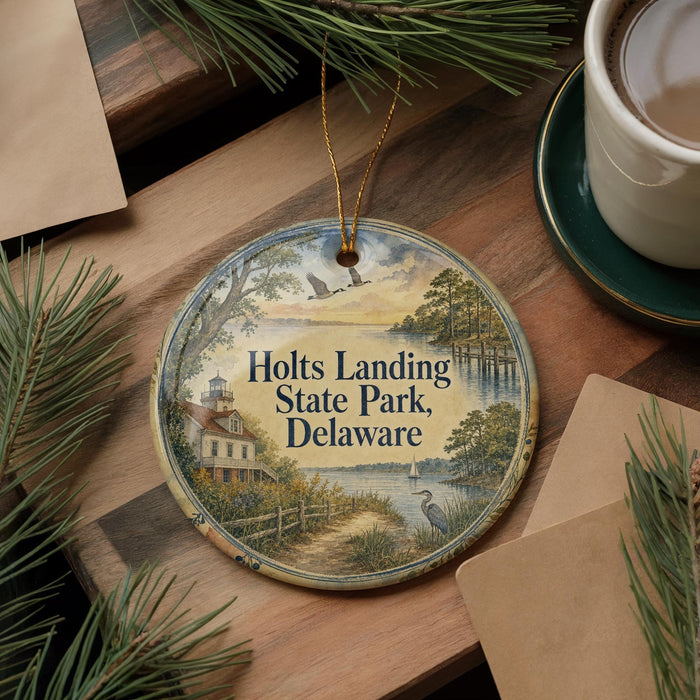 A round ornament with a scenic landscape of Holts Landing State Park, Delaware, featuring a lighthouse, a river, and a bird.