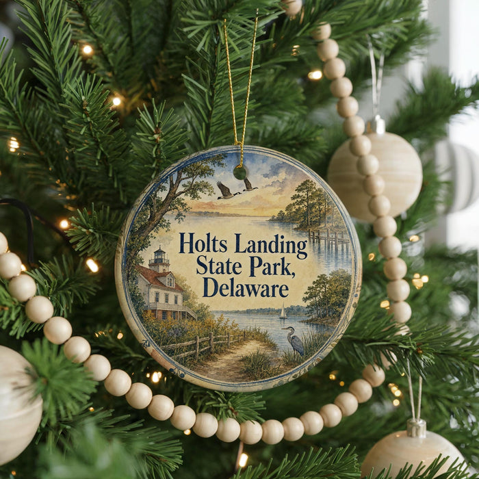 A circular ornament on a Christmas tree, featuring a scenic image of Holts Landing State Park, Delaware.