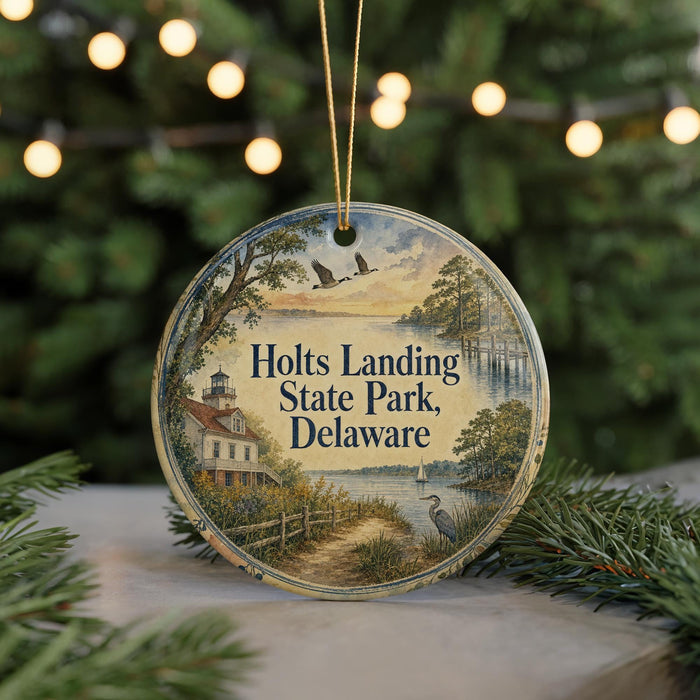 A round ornament with a painting of a lighthouse and a bird, surrounded by greenery, hangs in front of a blurred background with twinkling lights.