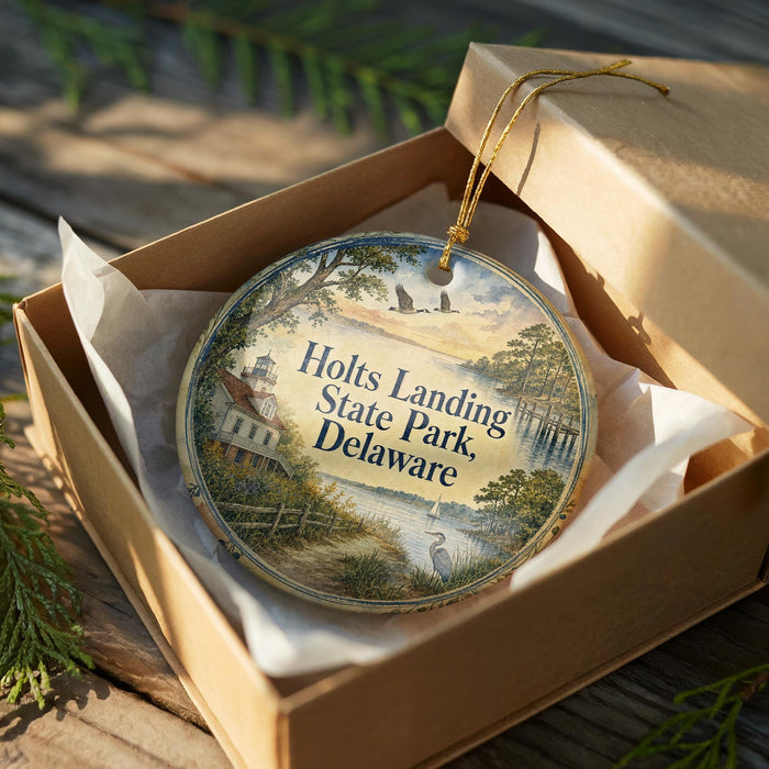 A circular ornament in a wooden box, featuring a scenic landscape with a lighthouse and a body of water.