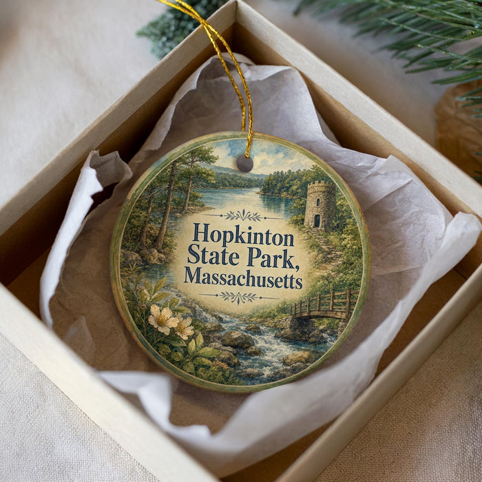 A decorative ornament in a box, featuring a scenic landscape with a castle, trees, and a river.