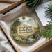 A round ornament with a scenic landscape of Hopkinton State Park, Massachusetts, hanging from a string.