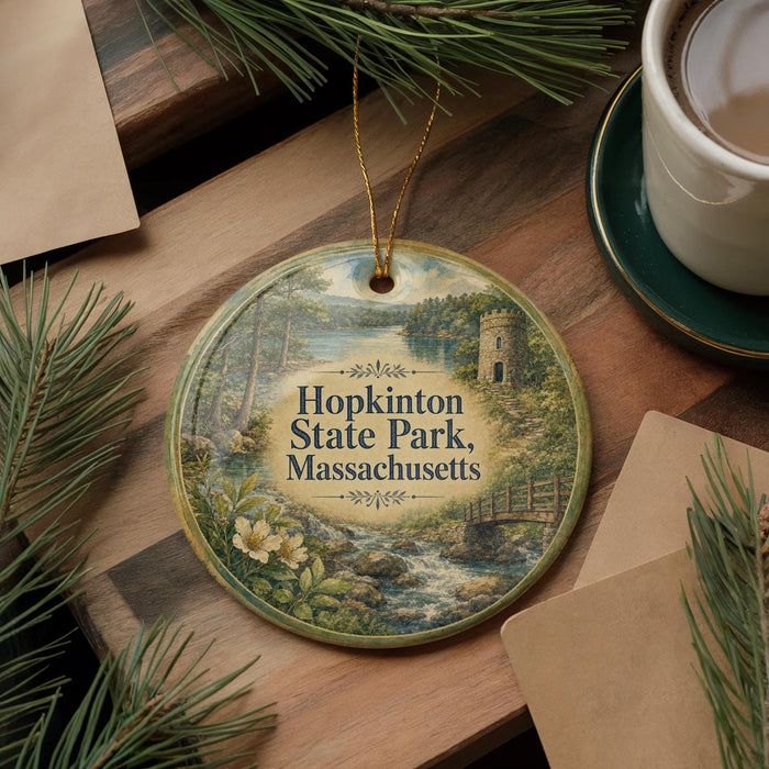 A round ornament with a scenic image of Hopkinton State Park, Massachusetts, hanging on a wooden surface.