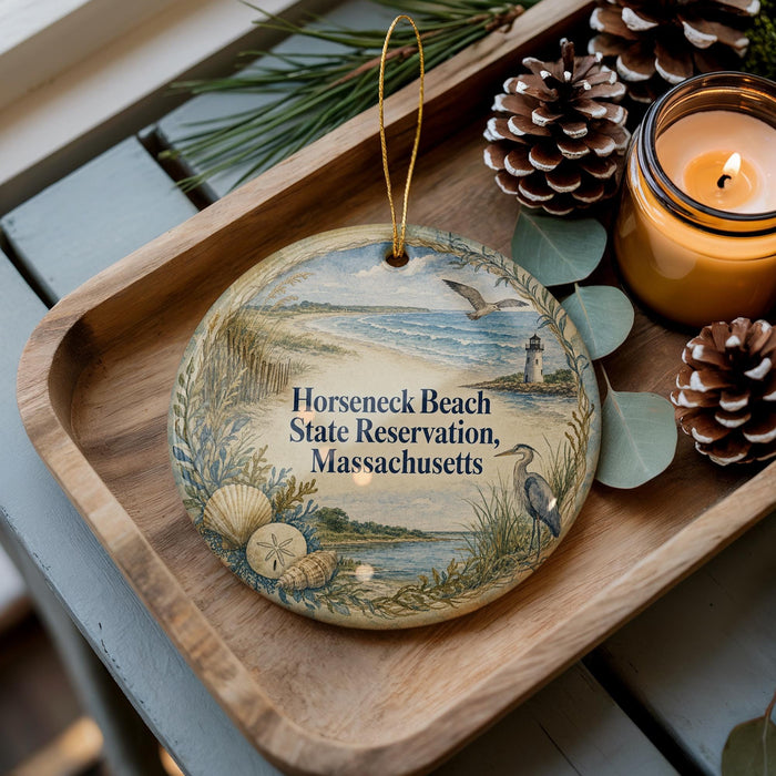A decorative ornament with a seascape design, featuring a lighthouse, pine cones, and a candle, placed on a wooden tray.