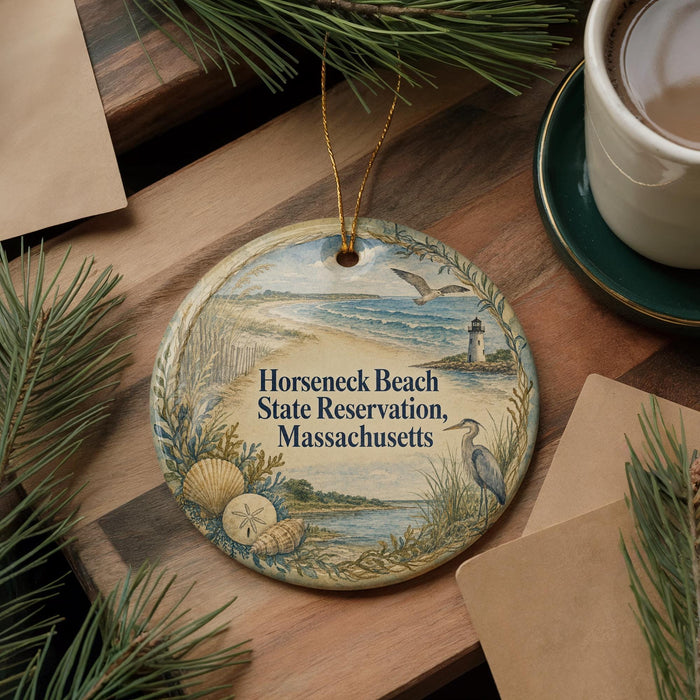 A decorative ornament with a beach scene and lighthouse, placed on a wooden surface alongside a cup of coffee and some pine branches.