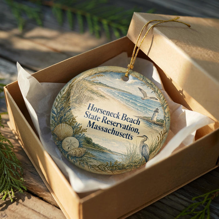 A decorative ornament in a wooden box, featuring a beach scene with a lighthouse and seagulls.