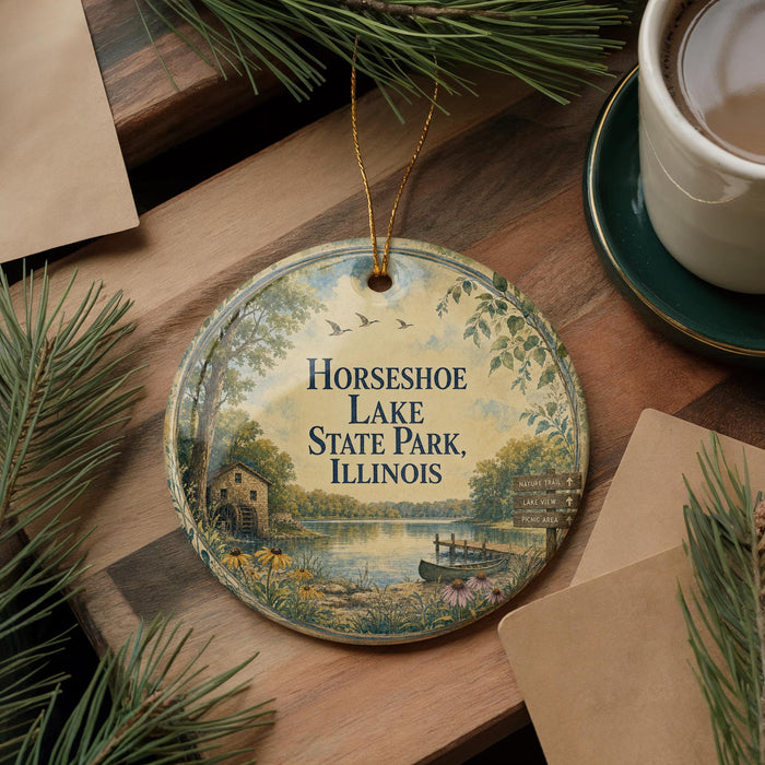 A decorative ornament with a scenic lake and forest landscape, featuring the text "Horseshoe Lake State Park, Illinois".