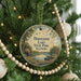 A round ornament hanging on a Christmas tree, featuring a scenic image of Horseshoe Lake State Park, Illinois.