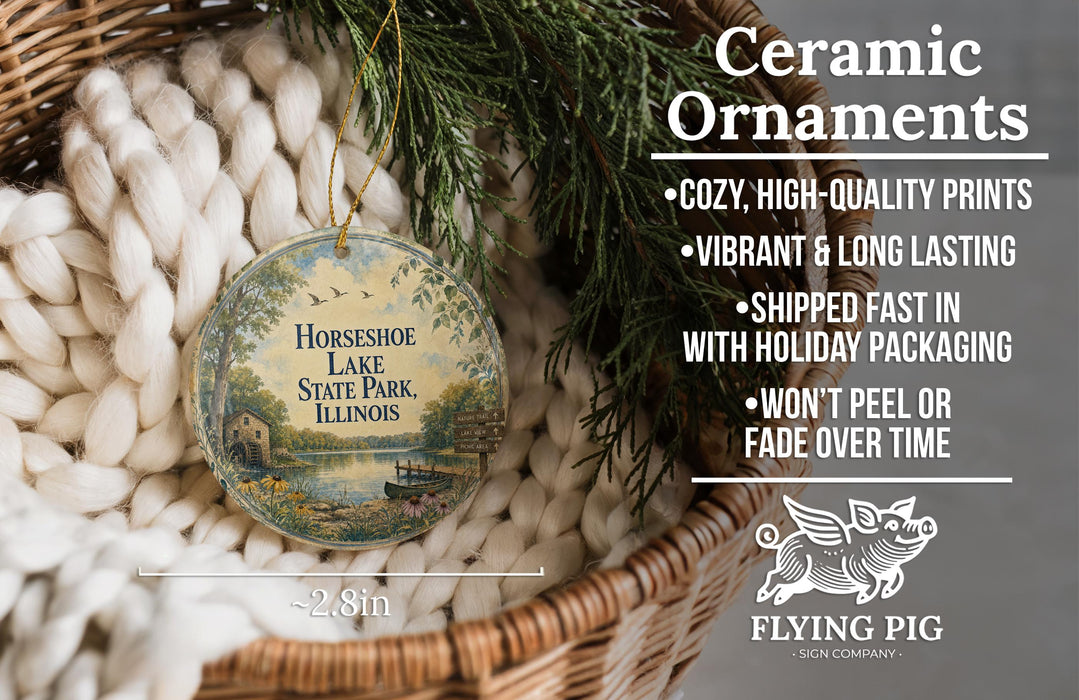 Ceramic ornaments, featuring a round ornament with a scenic image of Horseshoe Lake State Park, Illinois, hanging from a wicker basket.